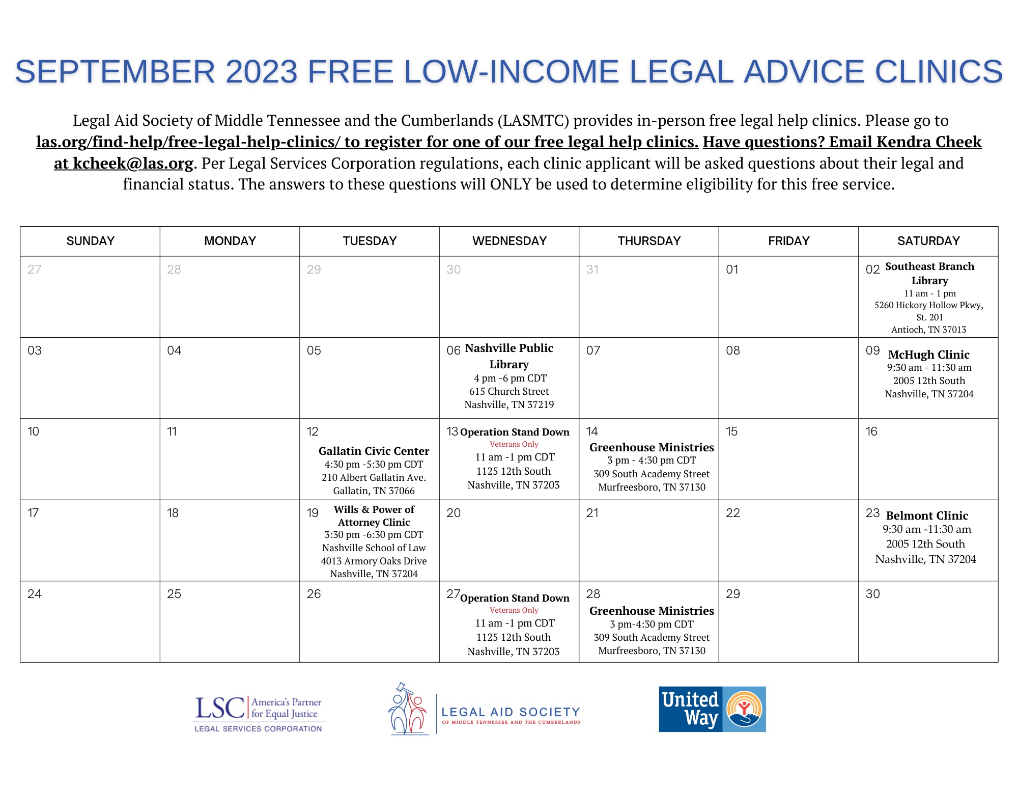 Free Legal Clinic Calendar